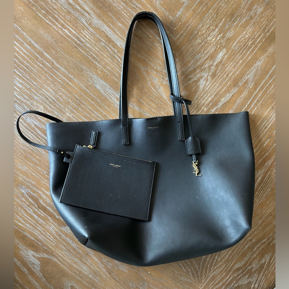 YVES SAINT LAURENT YSL AUTHENTIC BLACK TOTE EAST WEST SHOPPING BLACK GOLD $1490